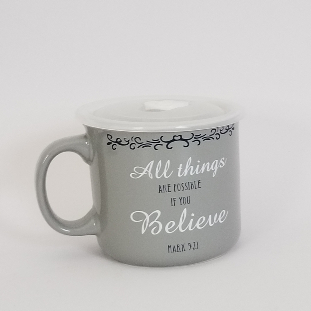 Mark 9:23 Graphic Soup Mug With Cover! NWOT